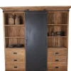 Grote stoere teak houten vitrine kast met metalen schuifdeur 220cm