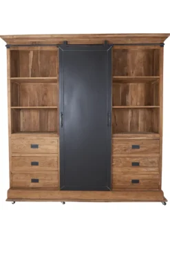 Grote stoere teak houten vitrine kast met metalen schuifdeur 220cm