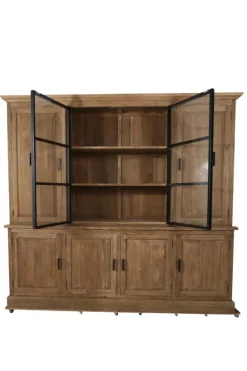 Landelijke teak houten boerderij stijl vitrinekast met metalen deuren 240 cm