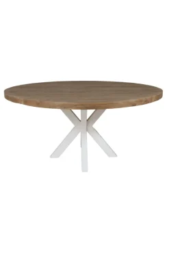 Ronde Massieve Teak Houten Eettafel 160 cm met Witte Kruispoot