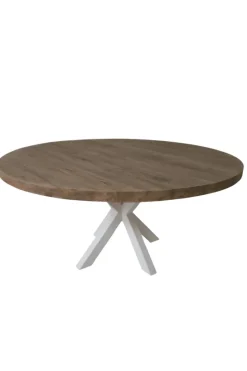 Ronde Massieve Teak Houten Eettafel 160 cm met Witte Kruispoot