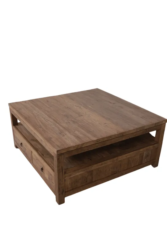 Teak houten salontafel 100x100x45 cm met lades