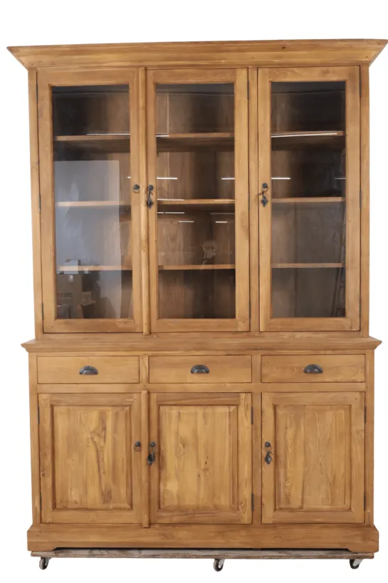 Teak Houten Vitrinekast met 3 Glazen Deuren