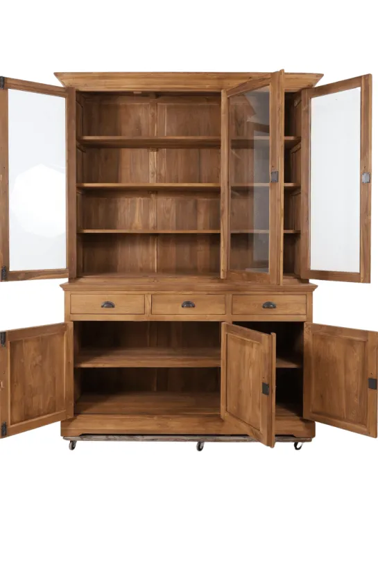 Teak Houten Vitrinekast met 3 Glazen Deuren