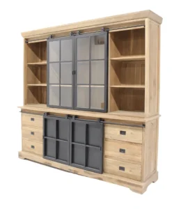 Teak vitrinekast met metalen deuren
