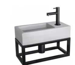 Toilet wasbakje met zwart metalen beugel er onder incl kraan, afvoerplug en sifon